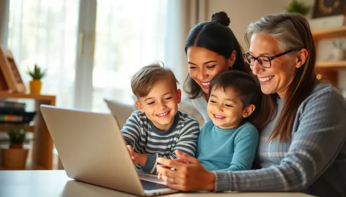 A family scene showing a parent and child exploring content on a laptop together, symbolizing digital learning.
