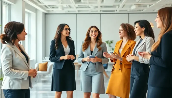 A diverse group of women in stylish office attire in a modern office.
