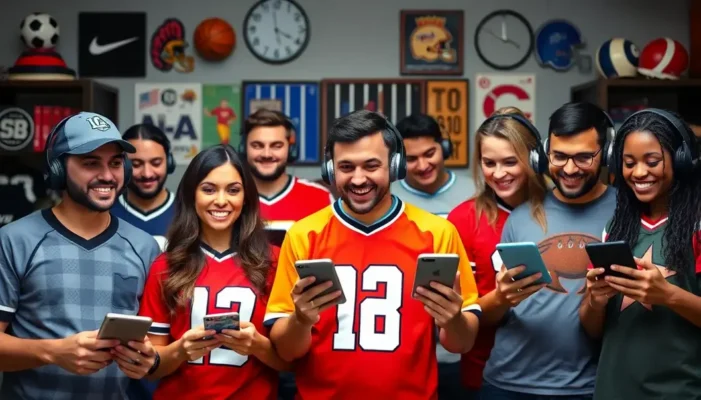 Fans in jerseys listening to a podcast with sports memorabilia around them, integrating sports passion and productivity.