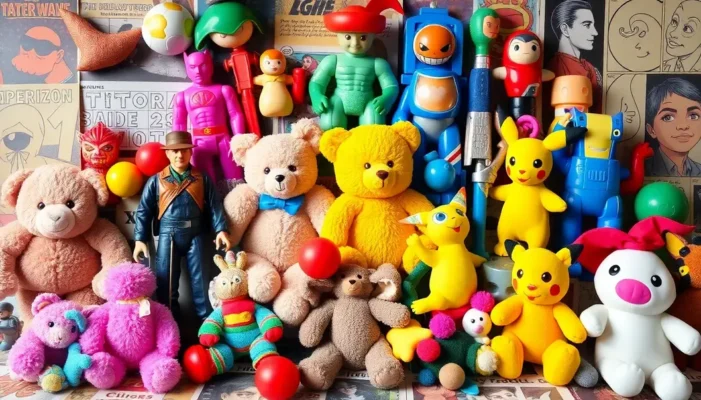 A collage of iconic toys including action figures and plush toys set against a nostalgic backdrop.