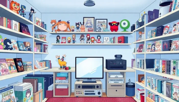A room filled with anime collectibles from subscription boxes, reflecting a passionate fan's sanctuary.