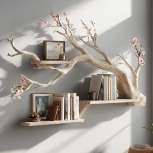 Wooden Tree Branch Wall Bookshelf Rustic Nature Inspired Interior