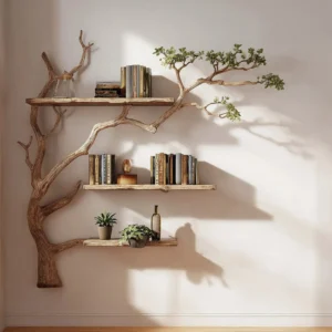 Wooden Wall Tree Shelf Artisan Real Wood Decorative Display Rack