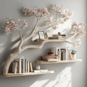 Wooden Tree Bookshelf On Wall Floating Rustic Bedroom Storage