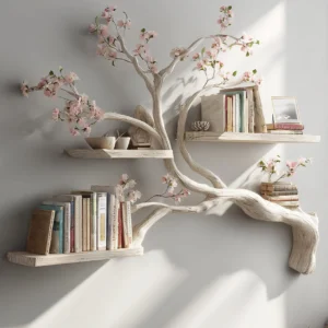 Wooden Tree Shaped Wall Shelf Silhouette Design Stylish Storage