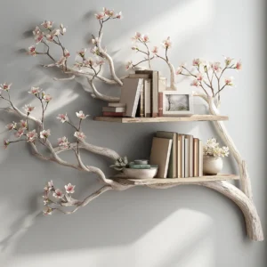 Wooden Tree Bookshelf Wall Mounted Floating Natural Wood Rack