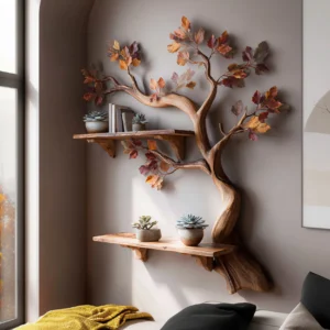 Wooden Tree Bookshelf Wall Artisan Floating Decorative Storage