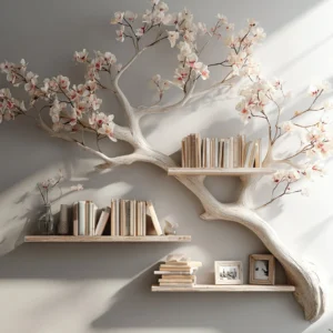 Wooden Tree Book Shelf For Wall Floating Rustic Home Decor