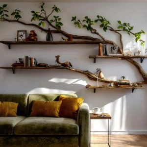 Wooden Tree Branch Floating Shelves Set Wall Mounted Eco Style