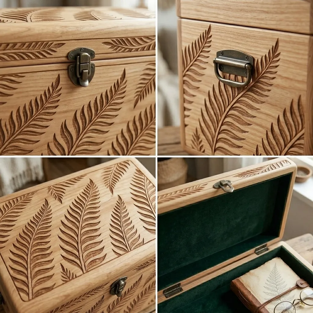 Wooden Decorative Box Silver Fern Leaf Nature Home Decor