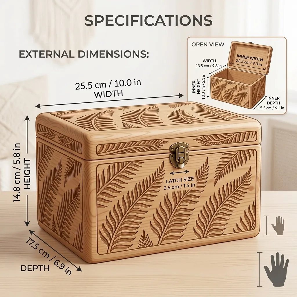 Wooden Decorative Box Silver Fern Leaf Nature Home Decor